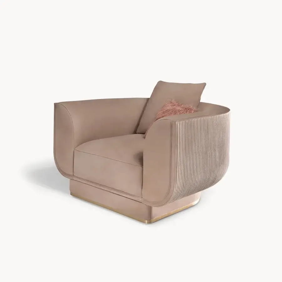 Lavish Visionnaire Foster lounge chair with dusty rose textile upholstery, canneté stitching and polished gold accents