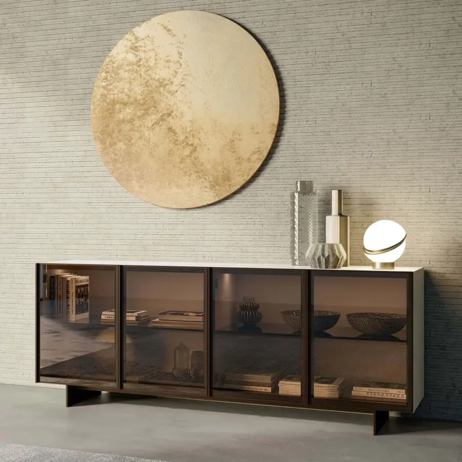 Distinguished Dallagnese Glass Up sideboard with solid wood structure and transparent glass doors framed by dark brown aluminum hardware