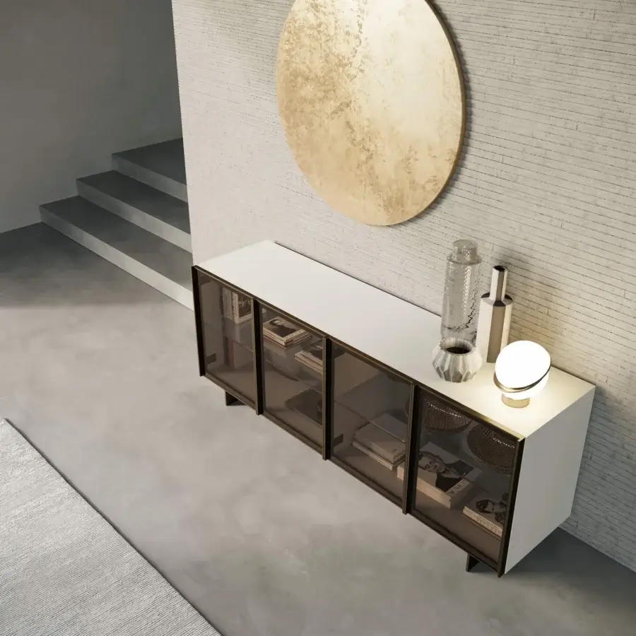 Superior Dallagnese Glass Up sideboard with a dark brown aluminum frame and transparent glass shelving in satin finish