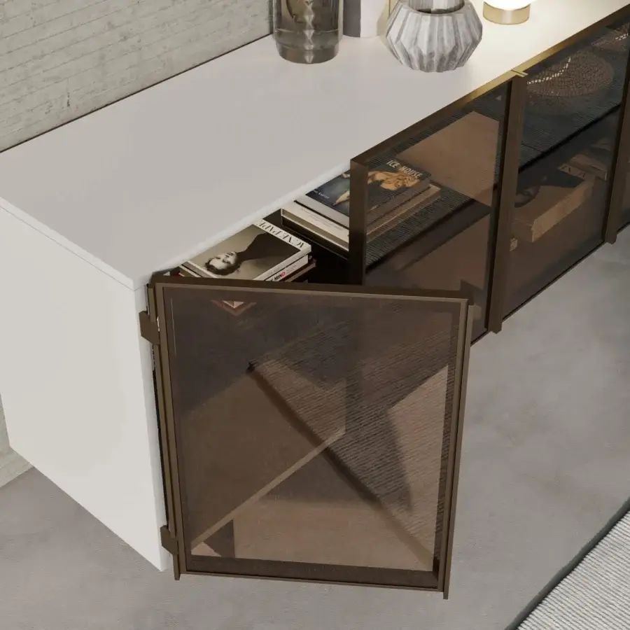 Exceptional Dallagnese Glass Up sideboard with transparent bronze glass doors and a satin finish solid wood frame