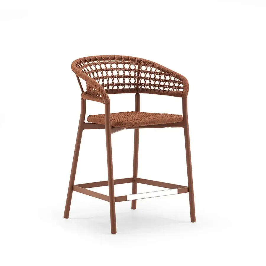 Distinguished Varaschin Plinto bar stool with reddish-brown powder-coated aluminum and textured synthetic woven seat back