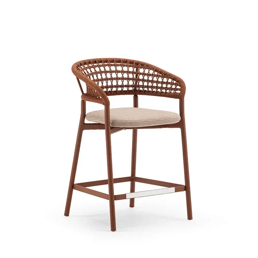 Exceptional Varaschin Plinto bar stool crafted with reddish-brown powder-coated aluminum and beige checkered textile upholstery