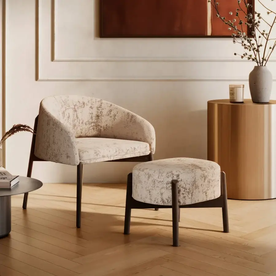 Refined CTS Salotti Guest Lounge chair upholstered in textured neutral beige velveteen with sculpted stained ash base