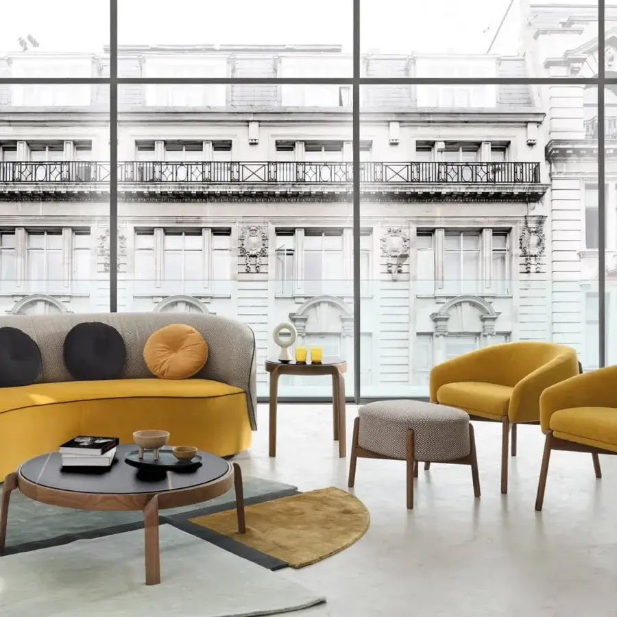 Exceptional CTS Salotti Guest Lounge chair upholstered in vibrant yellow velveteen with satin-finish stained ash base