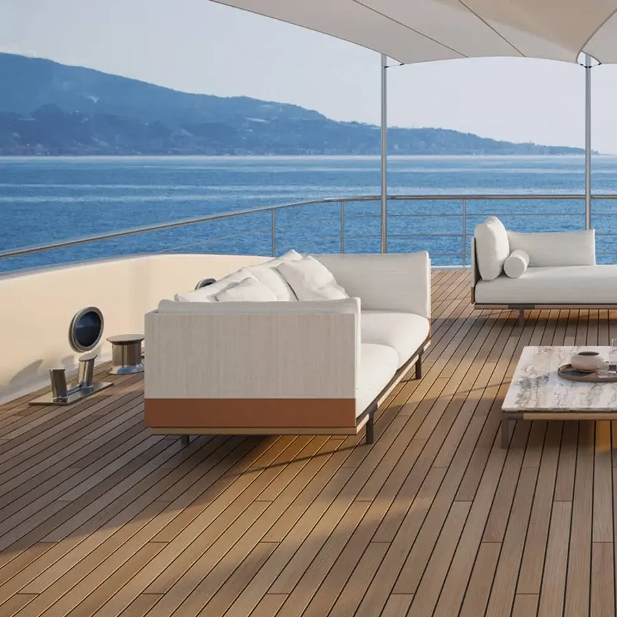Superior Ethimo Baia sofa with textured beige textile and warm brown satin-finish wooden base crafted in Italy