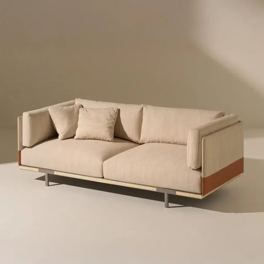 Refined Ethimo Baia sofa crafted in Italy with performance fabrics and a textured beige textile with reddish-brown wood accents