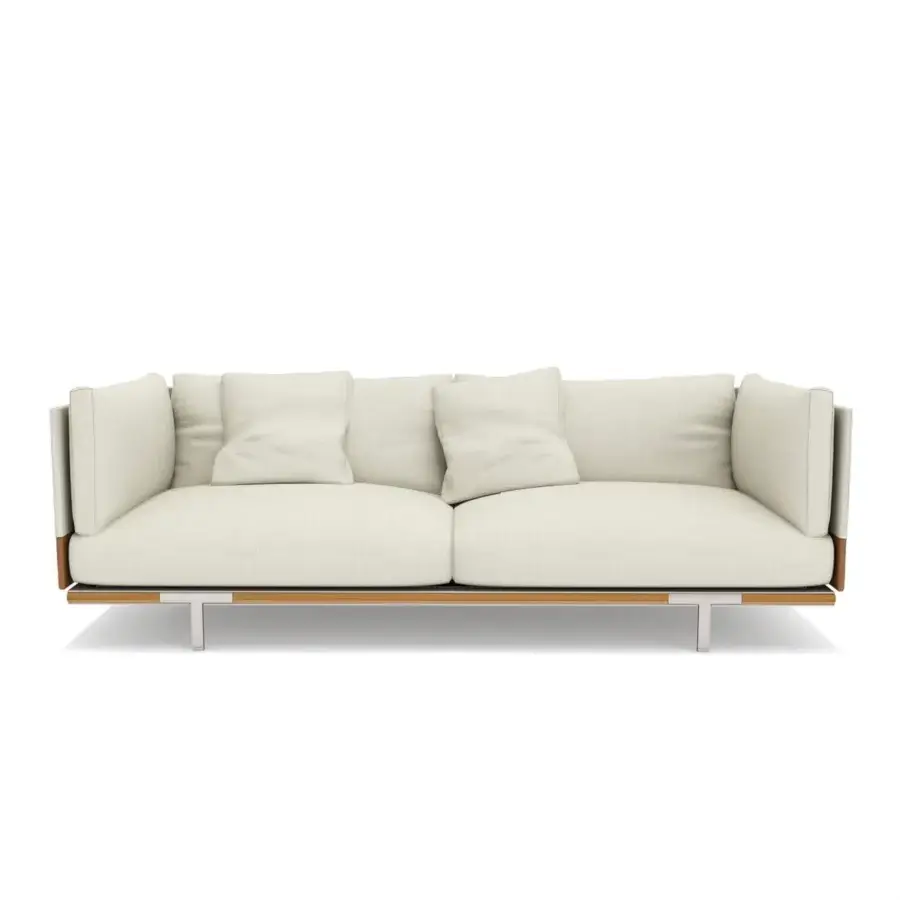 Distinguished Ethimo Baia sofa upholstered in textured light beige textile with satin-finish metal legs and a light-toned wood frame