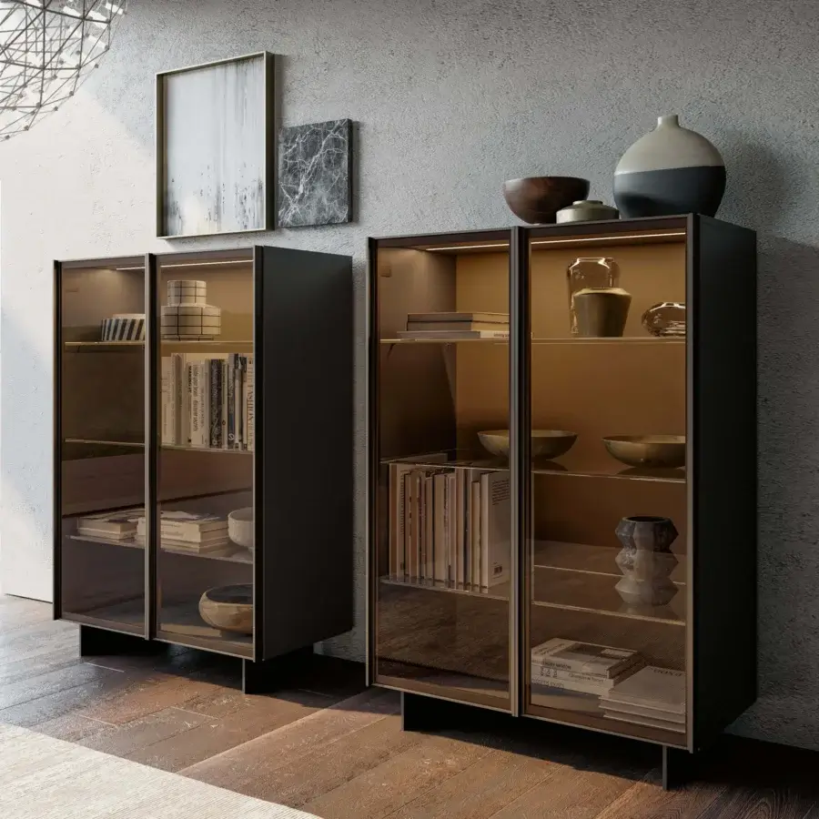 Exceptional Dallagnese Glass Up cupboard with dark-toned wood and transparent glass doors in a matte finish