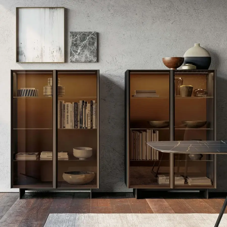 Superior Dallagnese Glass Up cupboard with amber-toned wood and transparent glass doors exhibiting a minimalist design