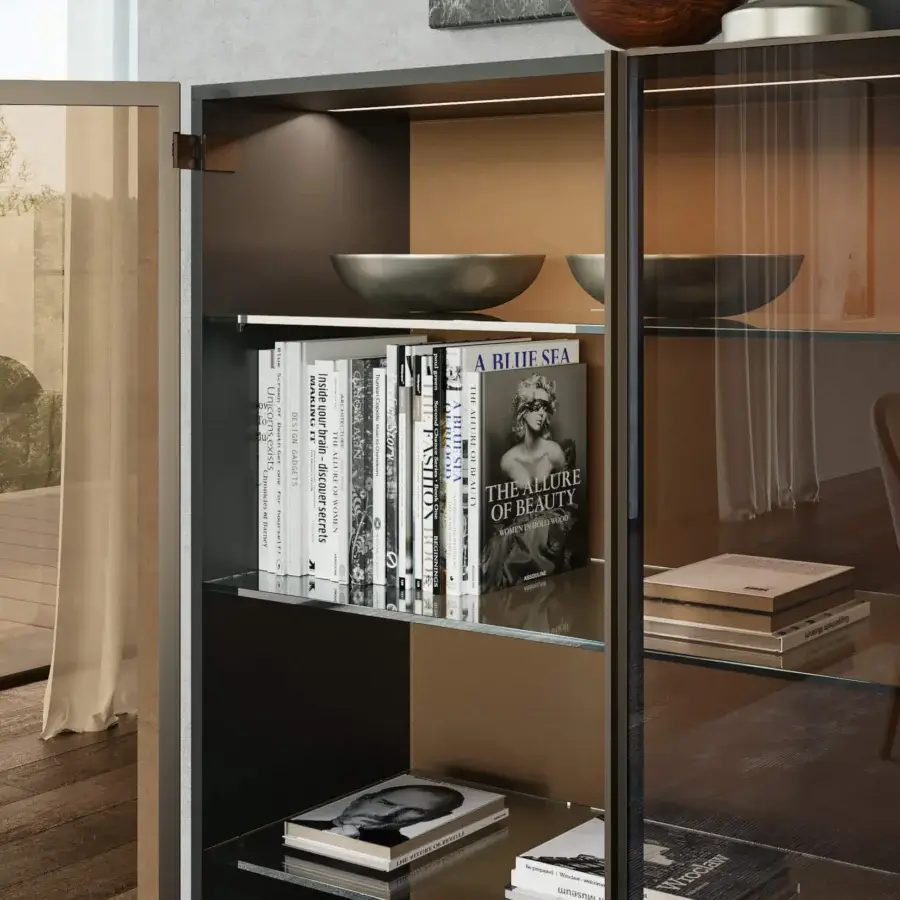 Elegant Dallagnese Glass Up cupboard with a metal frame, dark-toned wood, and transparent glass doors with a glossy finish