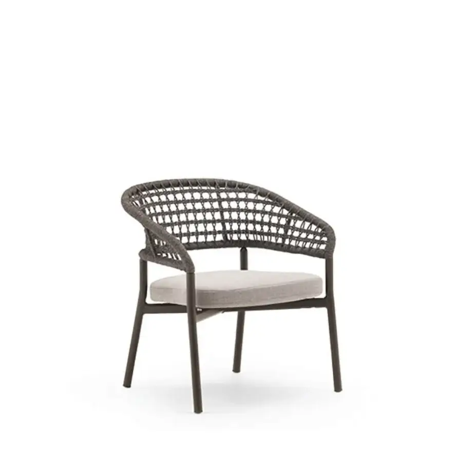 Distinguished Varaschin Plinto lounge armchair with woven backrest and seat in neutral beige cushions with charcoal finish aluminum frame