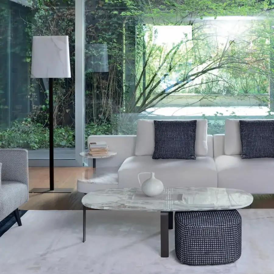 Distinguished CTS Salotti Allure coffee table with polished white marble displaying gray veining and angular matte metal structure