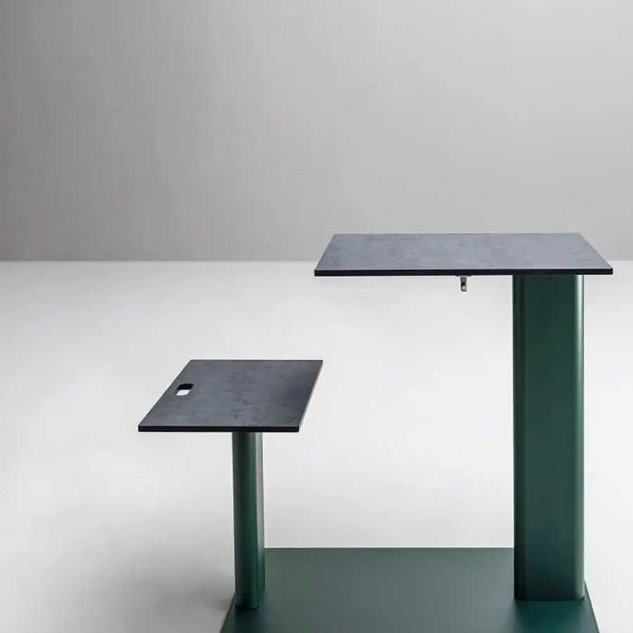 Superior Varaschin Plinto sit and eat table with charcoal-grey tabletop and muted dark teal-green matte finish