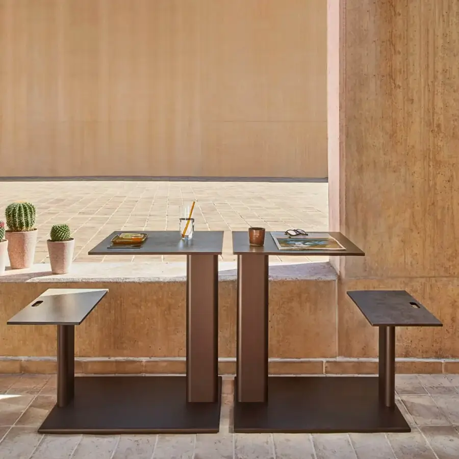 Exceptional Varaschin Plinto sit and eat table crafted in wood with a satin finish and warm dark brown tone