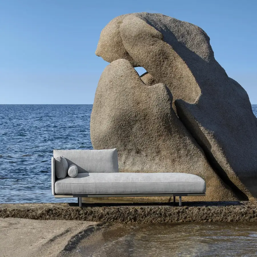 Distinguished Ethimo Baia daybed crafted with fabric upholstery and satin metal presenting a contemporary light gray aesthetic
