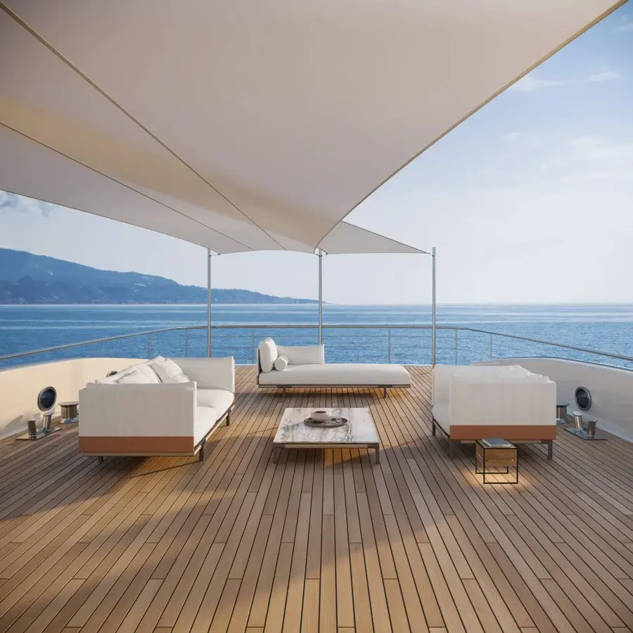 Exceptional Ethimo Baia daybed crafted in Italy with a light-colored wood frame and satin finish, presenting off-white cushions