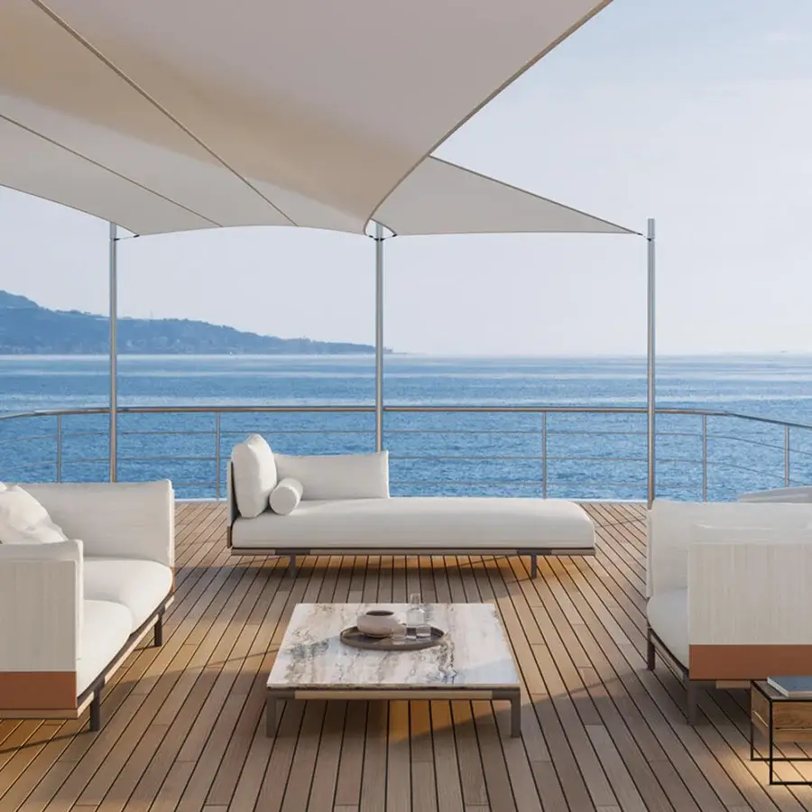 Distinguished Ethimo Baia daybed crafted in Italy with a wooden frame and soft, comfortable fabric in a light neutral beige tone