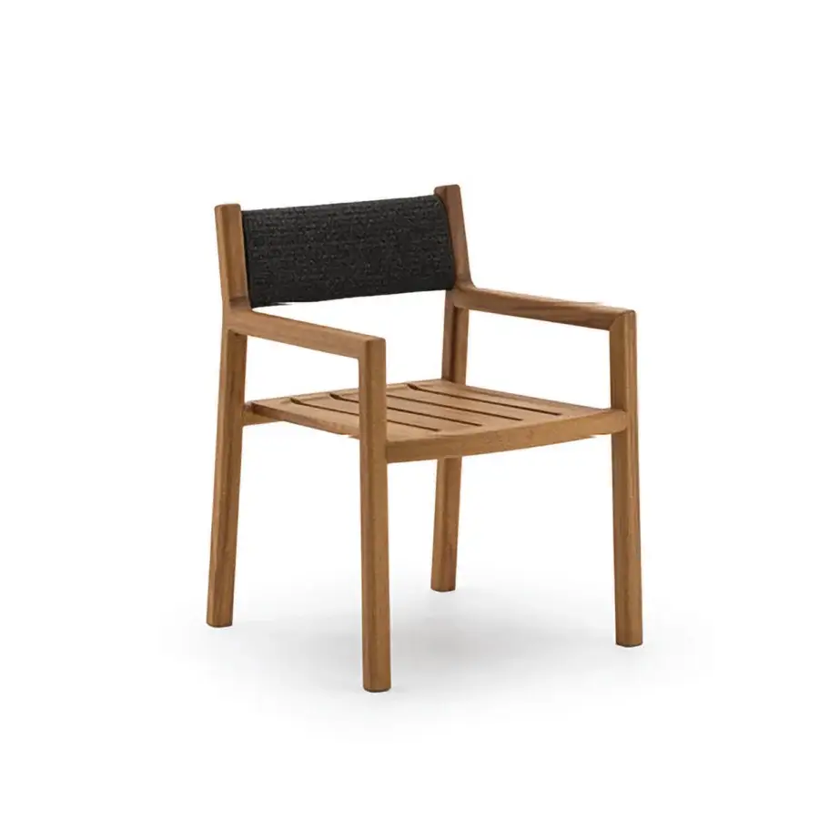Superior Varaschin Gianna dining armchair crafted in Iroko wood with mat Desert finish and dark gray woven backrest
