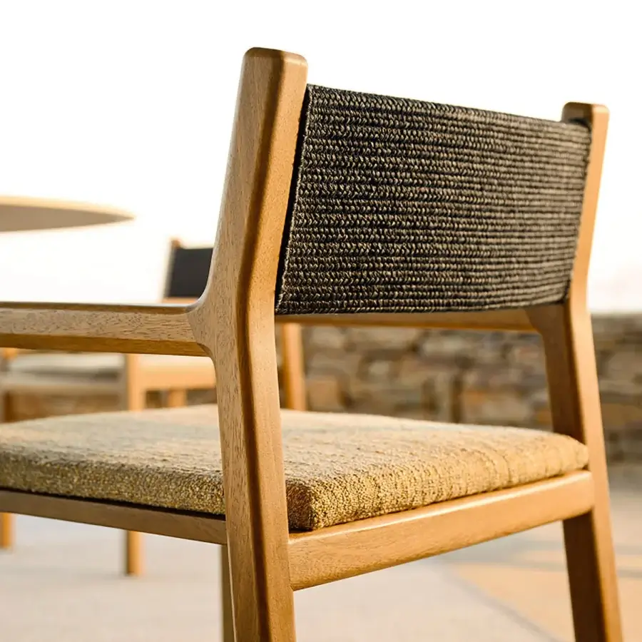 Elegant Varaschin Gianna dining armchair crafted in Iroko wood with mat Desert finish and dark gray woven textile seat