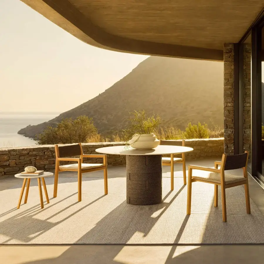 Exceptional Varaschin Gianna dining armchair crafted in Iroko wood with satin Desert finish and woven beige textile seat