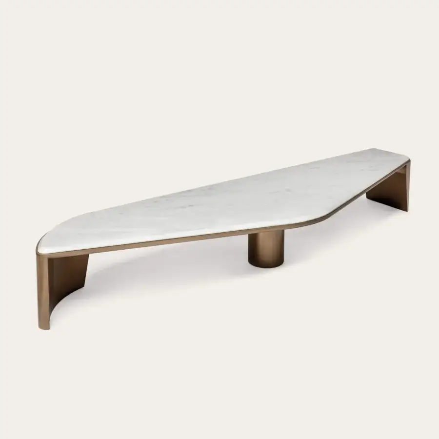 Distinguished Shake Ego coffee table with polished marble top and golden-bronze metal frame in a satin finish