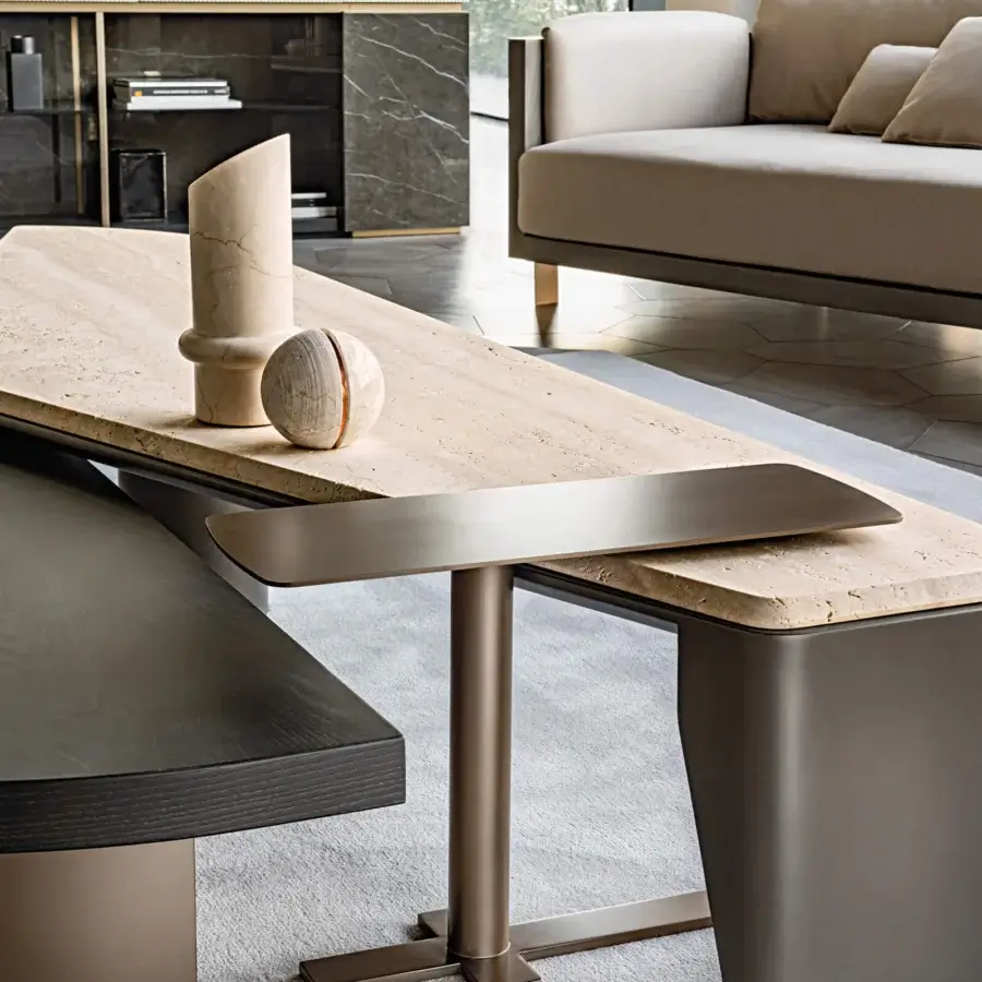 Distinguished Shake Ego coffee table with polished beige marble top and muted bronze metal pedestal base