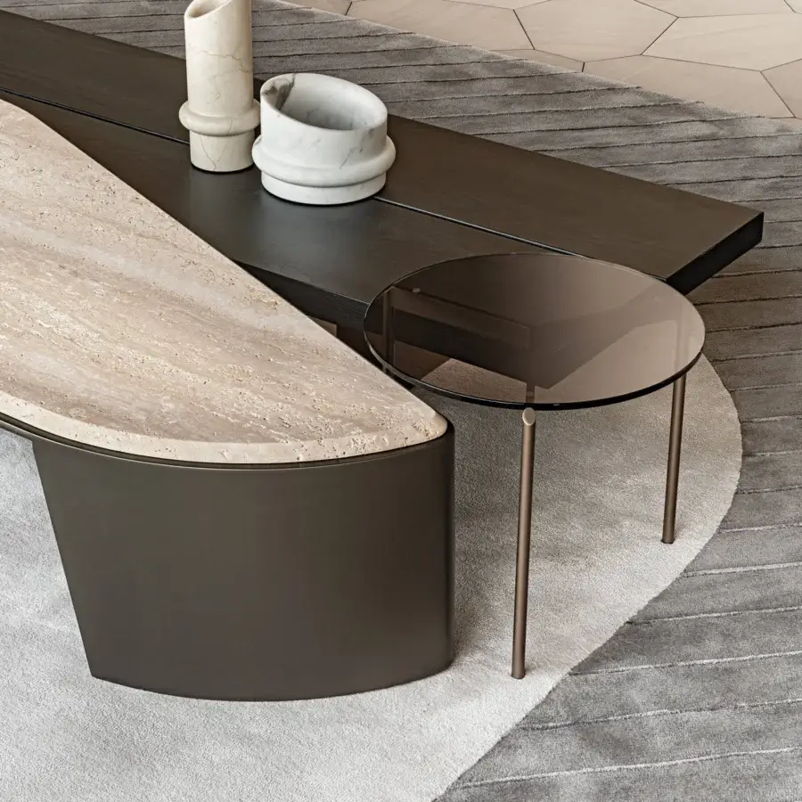 Superior Shake Ego coffee table with blockboard ash wood top and blockboard veneer base in dark brown tones with matte finish