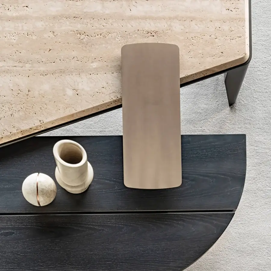 Captivating Shake Ego coffee table with a polished marble top and warm blockboard ash wood base crafted with MDF veneer