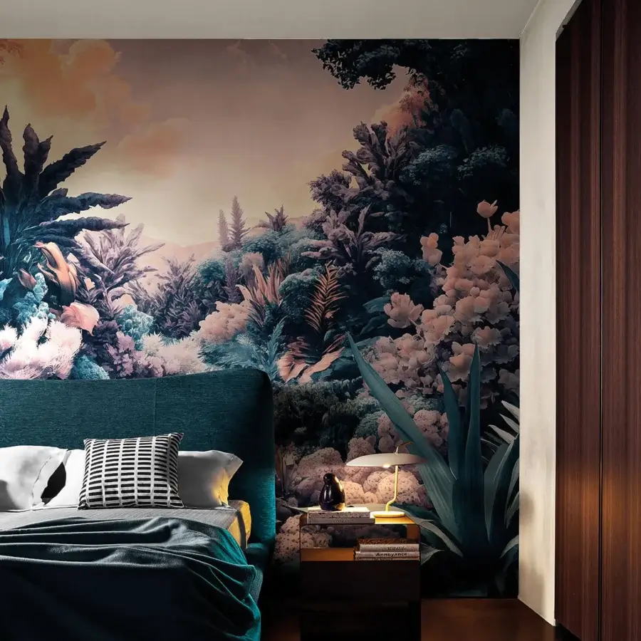 Exclusive LondonArt Silent Fronds wallpaper with a coated paper substrate showcases deep teal, forest green, and ochre tones simulating lush foliage