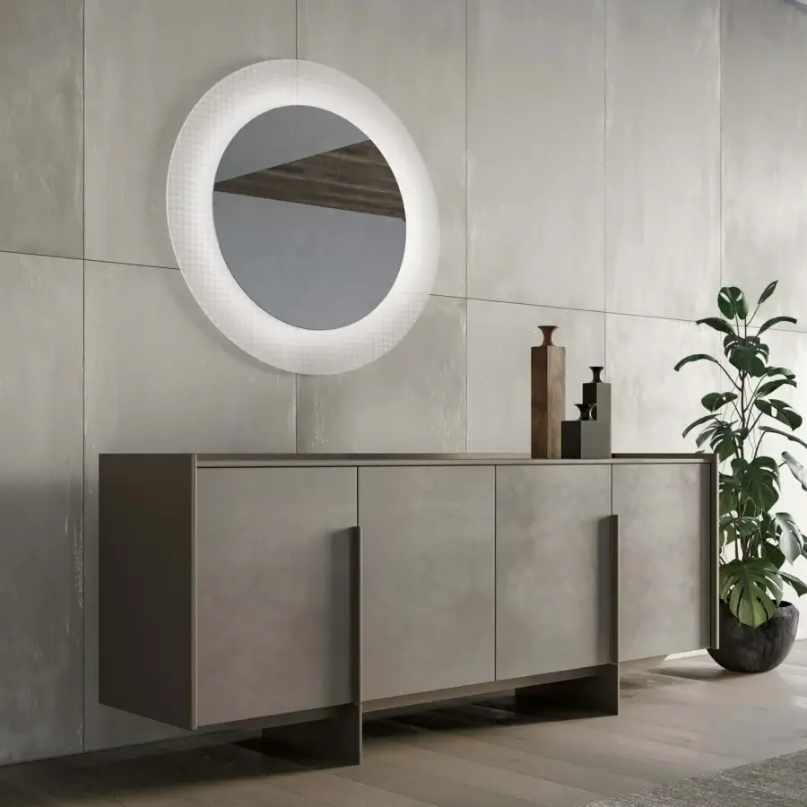 Distinguished Dallagnese Katana sideboard with stoneware or wood top and sleek metal base in matte gray finish