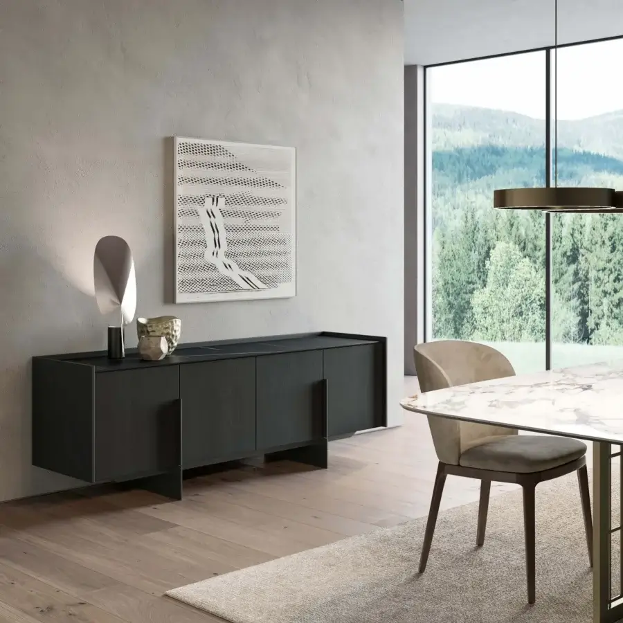 Elegant Dallagnese Katana sideboard crafted with dark wood, matte finish and refined stoneware top with integrated metal handle