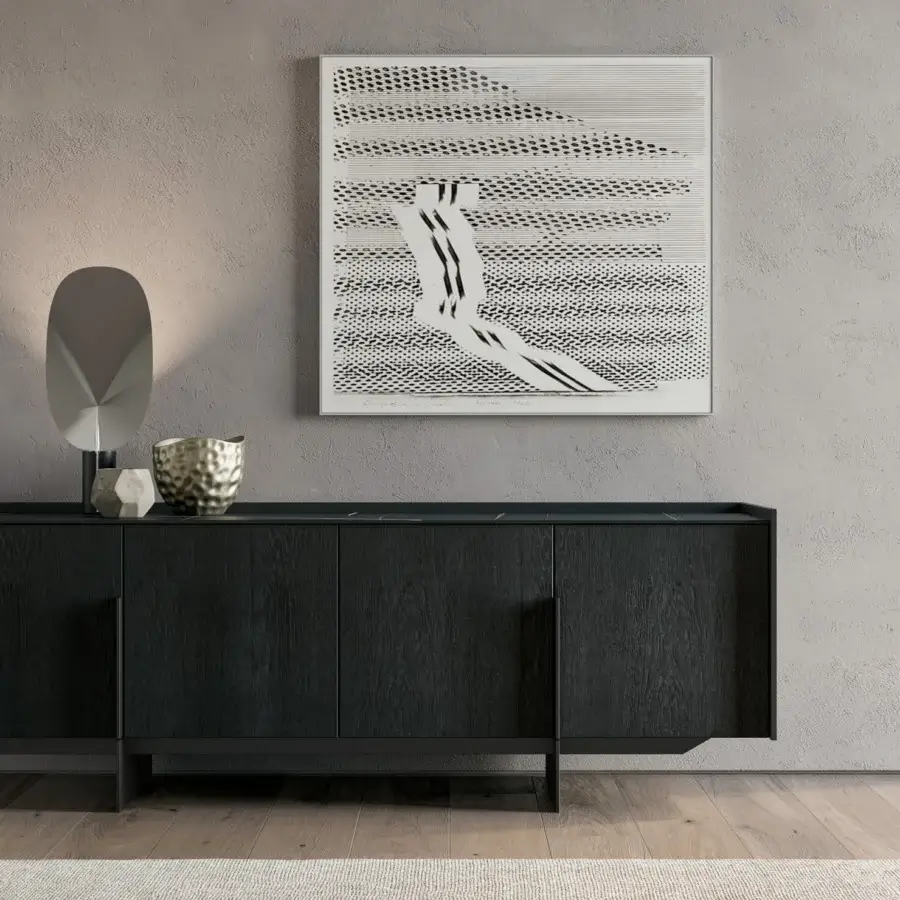 Distinctive Dallagnese Katana sideboard built with dark wood, matte finish and a sleek stoneware or wooden top extending along sides and back