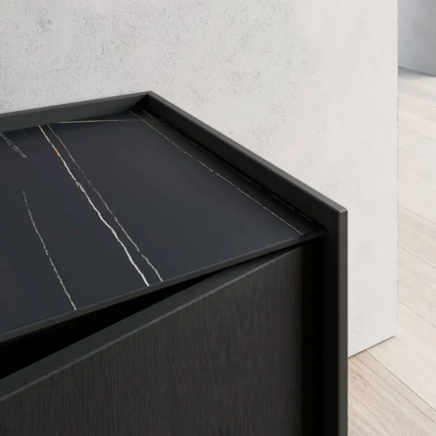 Superior Dallagnese Katana sideboard crafted with matte wood and striking stoneware, exhibiting a refined tray effect with a katana-inspired handle
