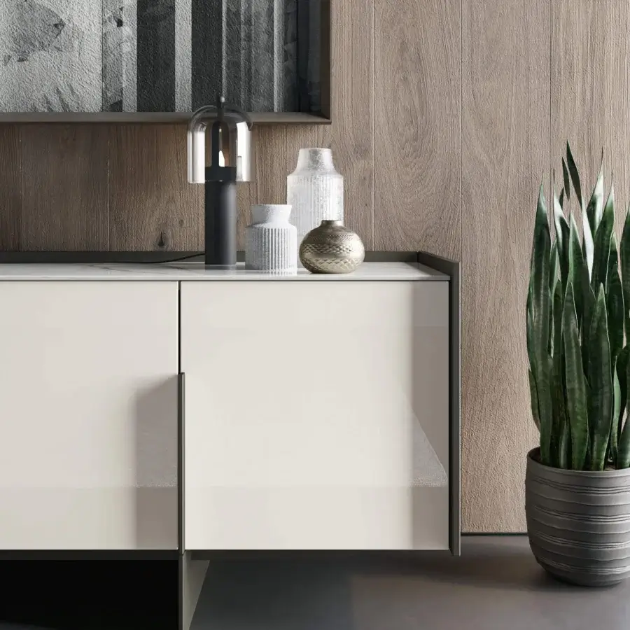 Captivating Dallagnese Katana sideboard with stoneware top and sleek metal base in off-white and dark gray accents