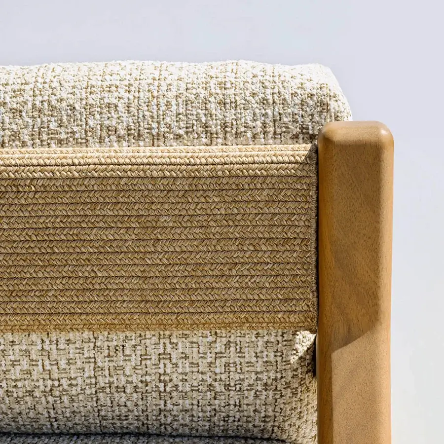 Distinguished Varaschin Gianna sofa built with aluminum and Iroko wood, upholstered in neutral woven textile with a satin finish