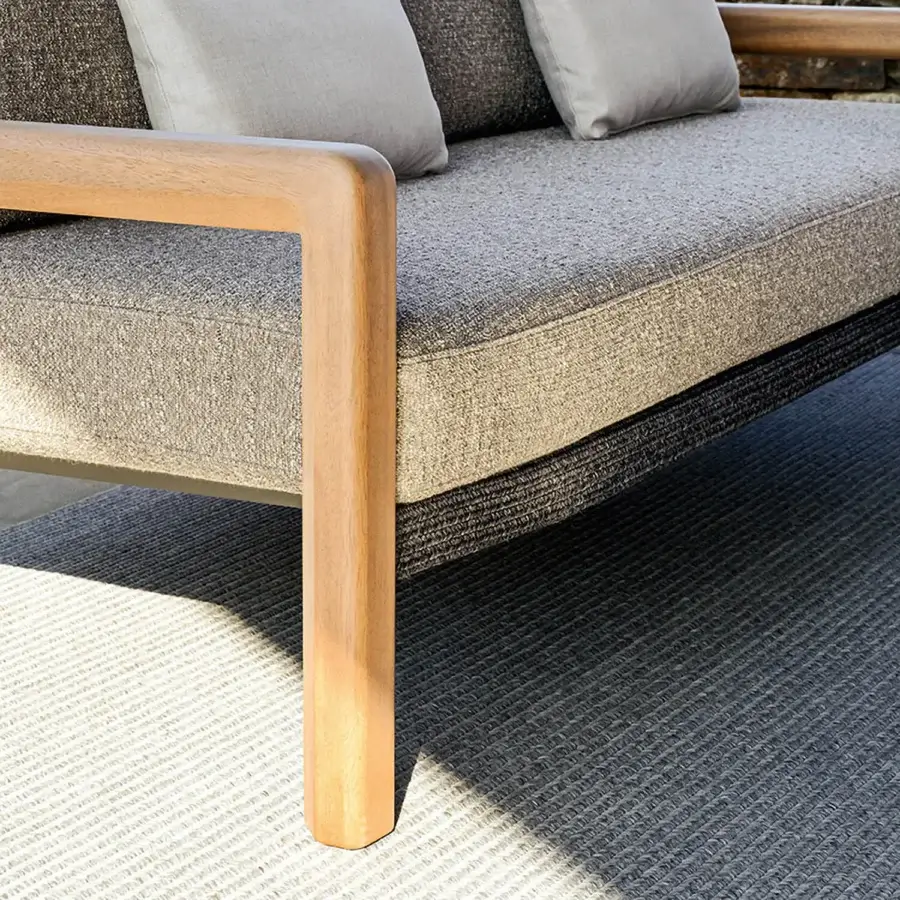 Superior Varaschin Gianna sofa built with aluminum and Iroko wood, upholstered in subtly textured two-tone gray textile with satin finish