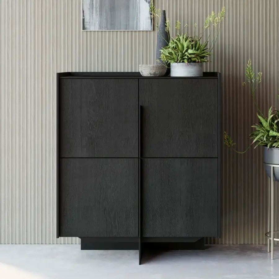 Distinctive Dallagnese Katana cupboard with dark gray wood and a metal base, showcasing glass shelves behind hinged doors