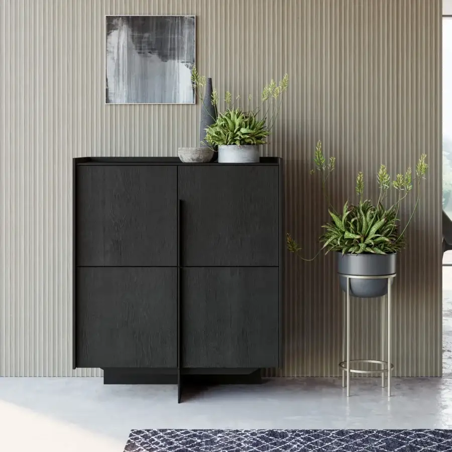 Superior Dallagnese Katana cupboard with dark gray wood-based material and refined metal base, exhibiting a matte finish