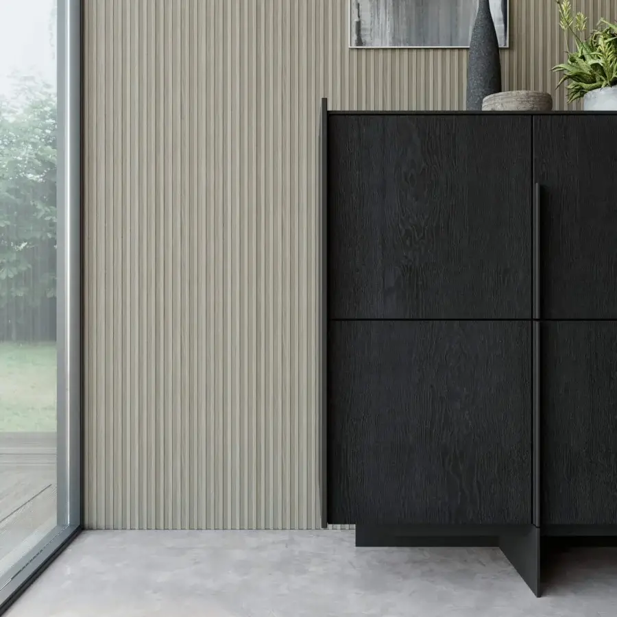 Elegant Dallagnese Katana cupboard with dark-toned wood and a sleek metal base, crafted with a matte finish