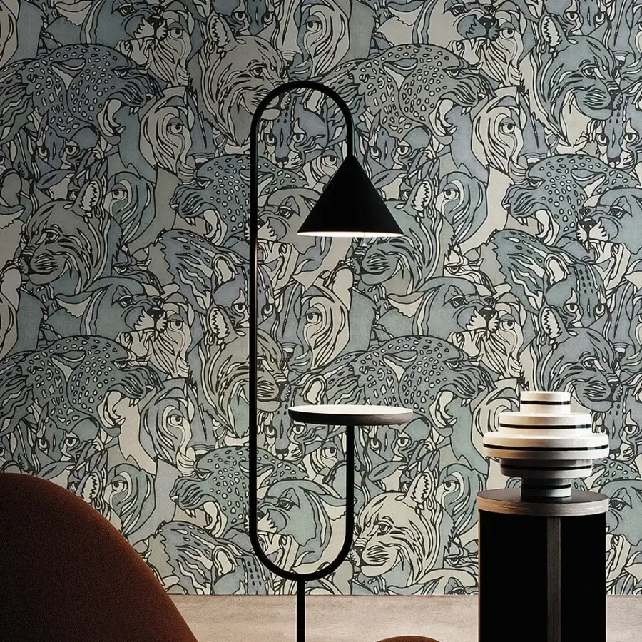 Elegant LondonArt Felidi wallpaper presents intertwined feline figures in a grayish-blue palette with a subtly textured finish