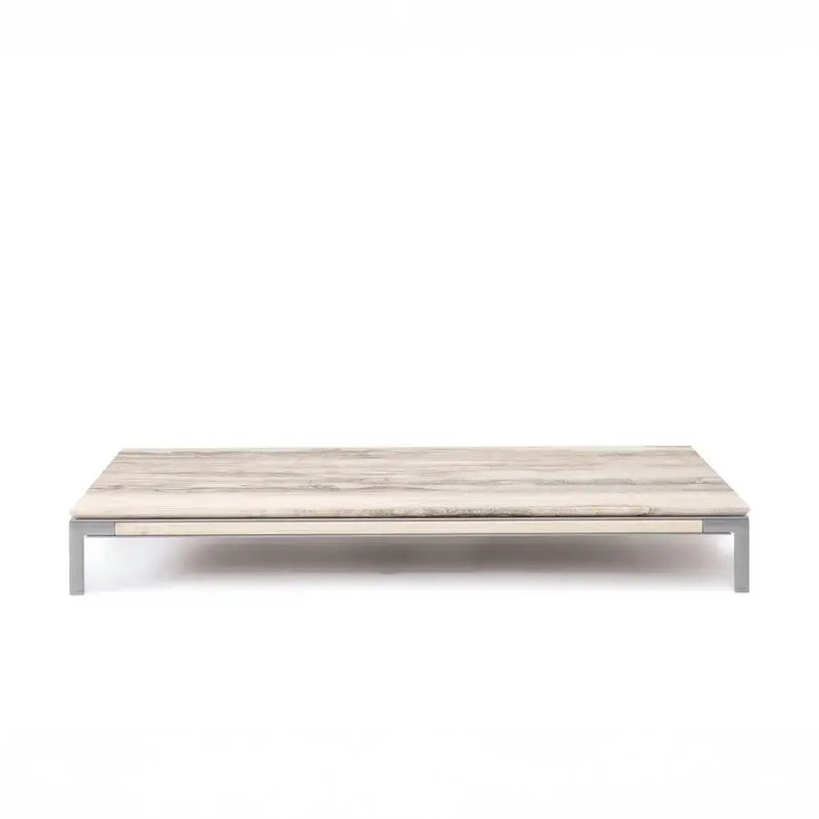 Refined Ethimo Baia coffee table with light beige marble tabletop and sleek matte grey metal frame crafted in Italy