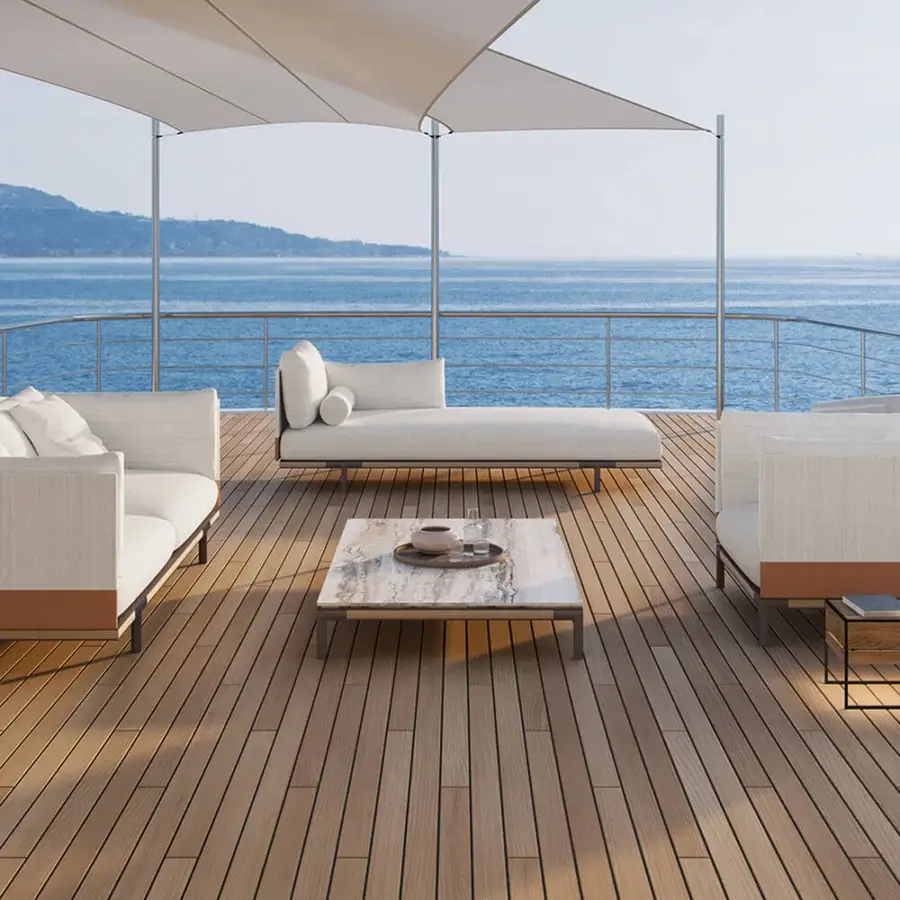 Exceptional Ethimo Baia coffee table with gray and white veined marble tabletop and matte dark-toned metal base