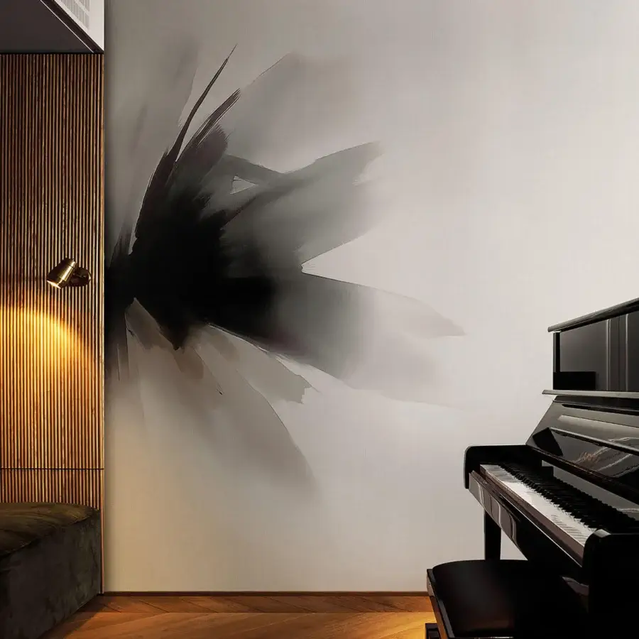 Captivating LondonArt Resonance wallpaper with sweeping brushstrokes in gray and black shades and matte finish