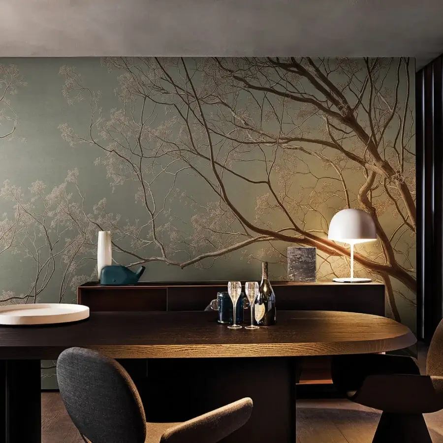 Distinguished LondonArt Patina Bloom wallpaper with delicate branches and blossoms in olive green and gold, paper-based with a matte finish