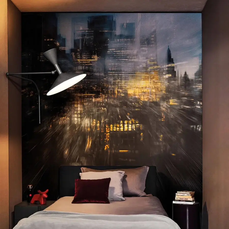 Avant-garde LondonArt Quantum Metropolis wallpaper with abstract cityscape in deep blues, blacks, yellows, and oranges with a smooth finish