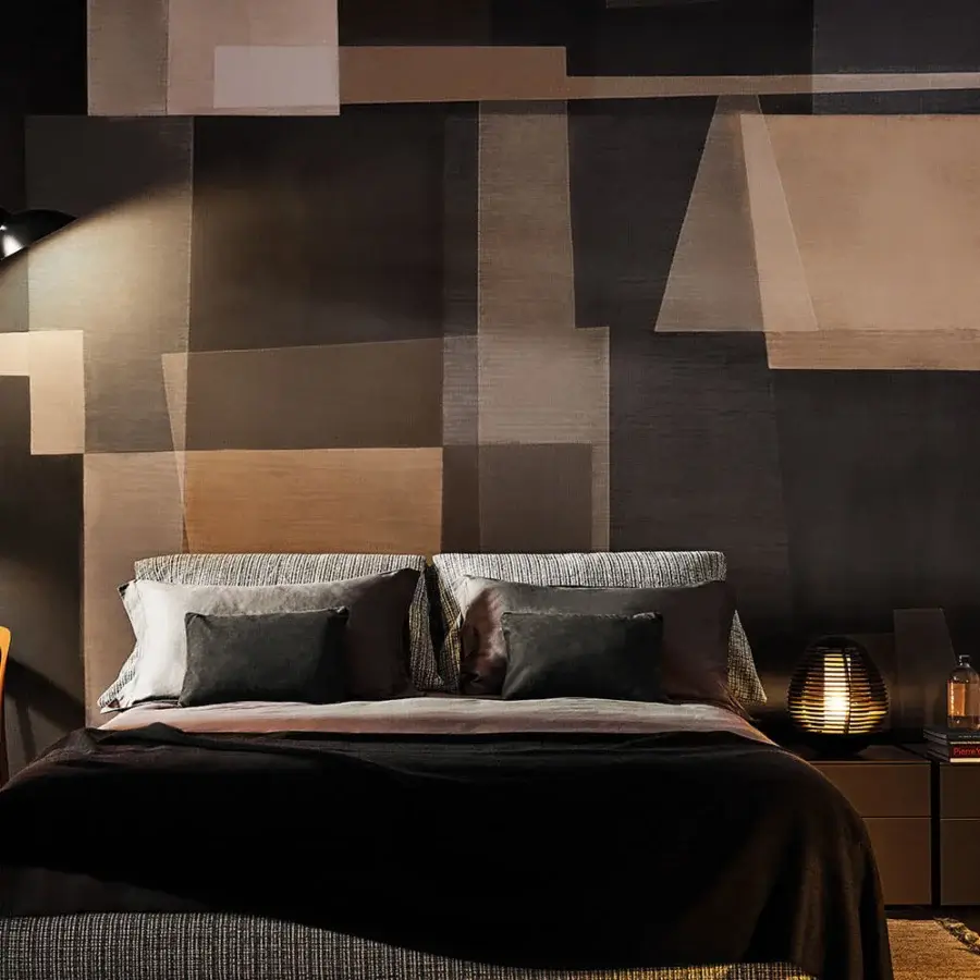 Sophisticated LondonArt Silent Layers wallpaper exhibits overlapping geometric forms in nuanced shades of gray, brown, and beige creating subtle texture