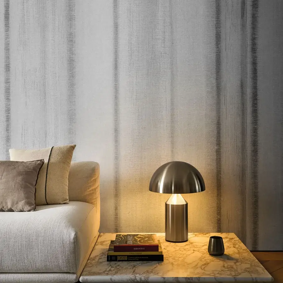Superior LondonArt Cool Out wallpaper exhibits subtly textured warm gray design with soft diffused vertical brushstrokes and matte non-woven finish