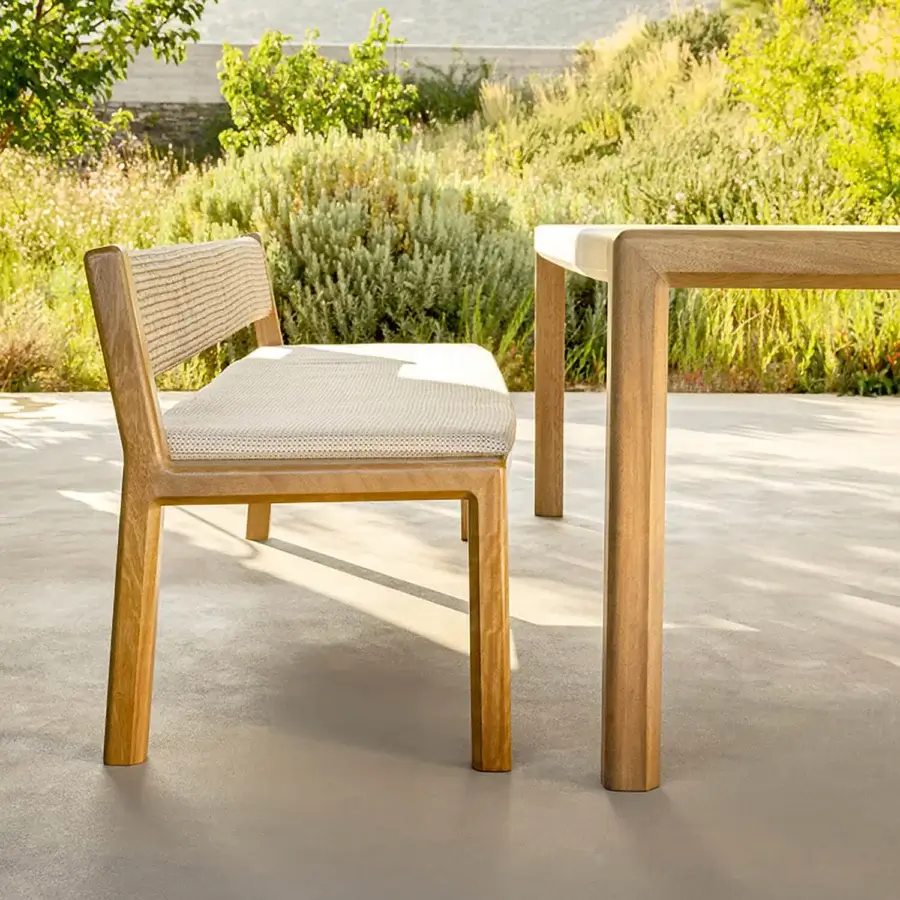Distinguished Varaschin Gianna bench crafted in durable Iroko wood with woven textile backrest and smooth satin finish