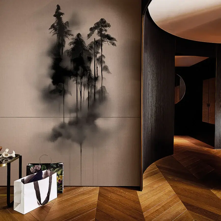 Distinguished LondonArt Sumie #2 wallpaper with stylized trees in muted beige and grey tones and smooth matte finish