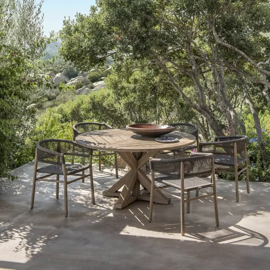 Exceptional Ethimo Kilt armchair with natural fiber weave and matte-finish metal frame crafted in FSC-certified teak